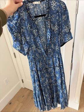 Ulla Johnson Blue Floral Tiered Midi Dress Romantic Boho Prairie Size M